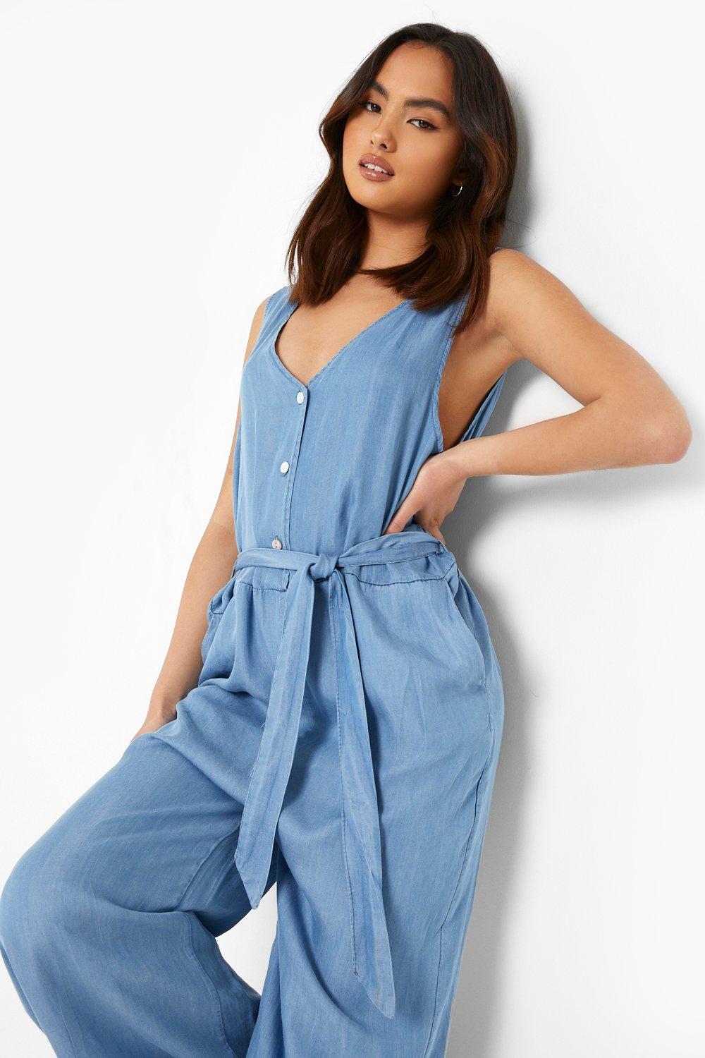 Tie waist denim hot sale jumpsuit